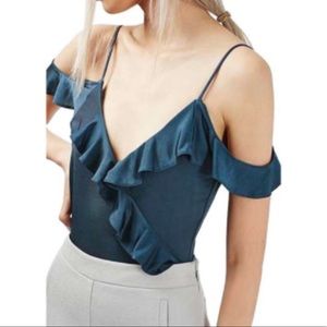 Topshop Teal Ruffle Cold Shoulder Bodysuit